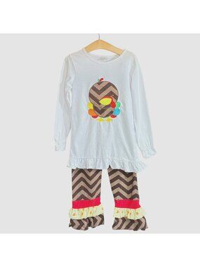 Chevron Turkey Outfit Girls XXL White Brown Cotton Blend Ruffle Pants 2pc Set
